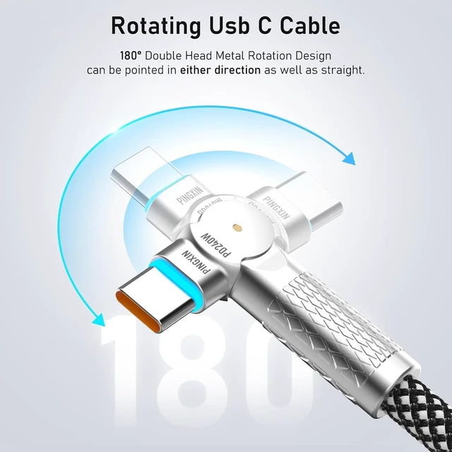 Alt view image 10 of 14 - USB C to USB C Cable10ft 240W 2-Pack Braided 180Rotating Type C Charging CableFast Charge for iPhone 16/16Pro/16Plus/16ProMax MacBook Air iPad Pro Pixel Galaxy S23/S24 Ultra-Black
