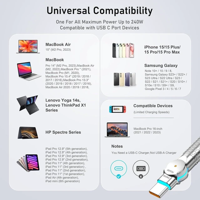 Alt view image 14 of 14 - USB C to USB C Cable10ft 240W 2-Pack Braided 180Rotating Type C Charging CableFast Charge for iPhone 16/16Pro/16Plus/16ProMax MacBook Air iPad Pro Pixel Galaxy S23/S24 Ultra-Black
