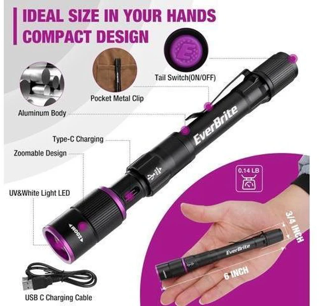 Alt view image 10 of 14 - EverBrite Rechargeable Pen Flashlight with UV Light and White Light, 395nm Black Flashlight with Clip, Zoomable 4 Modes with Memory Function, USB C Cable, for Camping, Emergency, Pet Urine Detection