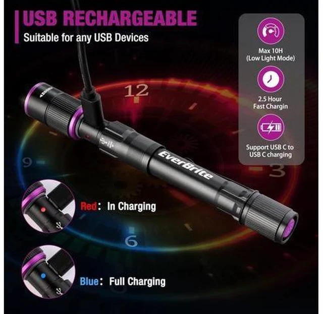 Alt view image 11 of 14 - EverBrite Rechargeable Pen Flashlight with UV Light and White Light, 395nm Black Flashlight with Clip, Zoomable 4 Modes with Memory Function, USB C Cable, for Camping, Emergency, Pet Urine Detection