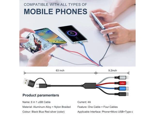 Alt view image 12 of 14 - 6 in 1 Multi Charging Cable 3Pack-6FT Multi USB Cable 3A Multi Charger Cable Braided Multiple Phone Charger Cable Universal USB A/C Charging Cord with 2*IP/Type C/Micro USB Port for Cell Phone/Tablets