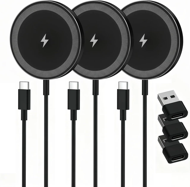 Alt view image 8 of 14 - Magnetic Wireless Charger Charging Pad: 15W Qi Fast Portable for iPhone 17 16e 16 15 14 13 12 Series & AirPods 4 3 2 Pro-Google Pixel 10 Series & Galaxy S25 Qi2 Ready-USB-C/A Dual Ports 3 Pack Black