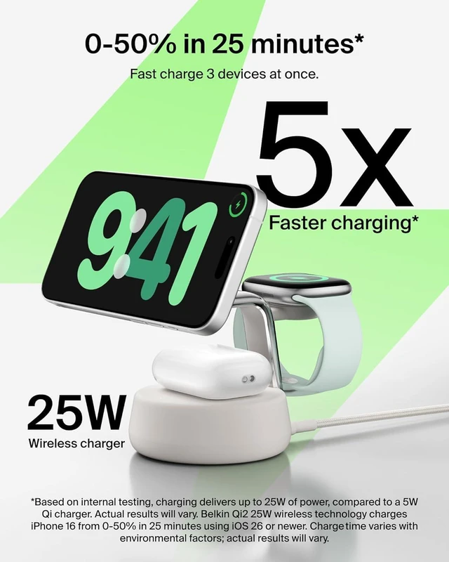 Alt view image 9 of 14 - MagSafe Charger Compatible 3-in-1 Charging Station Qi2.2 25W w/Cooling Fan (On/Off Control) Magnetic Wireless Charger for iPhone 17 Watch AirPods Pixel 10 (45W Adapter Included)