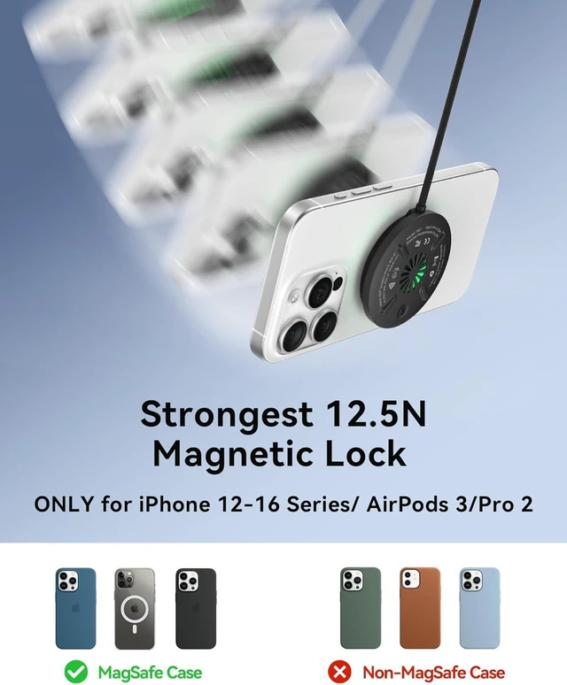 Alt view image 12 of 14 - Magnetic Wireless Charger Qi2 Certified 15W Fast Mag-Safe Wireless Charging Pad with Cooling Fan Only for iPhone 17 16 15 14 13 12 Series AirPods and More (Adapter Included)