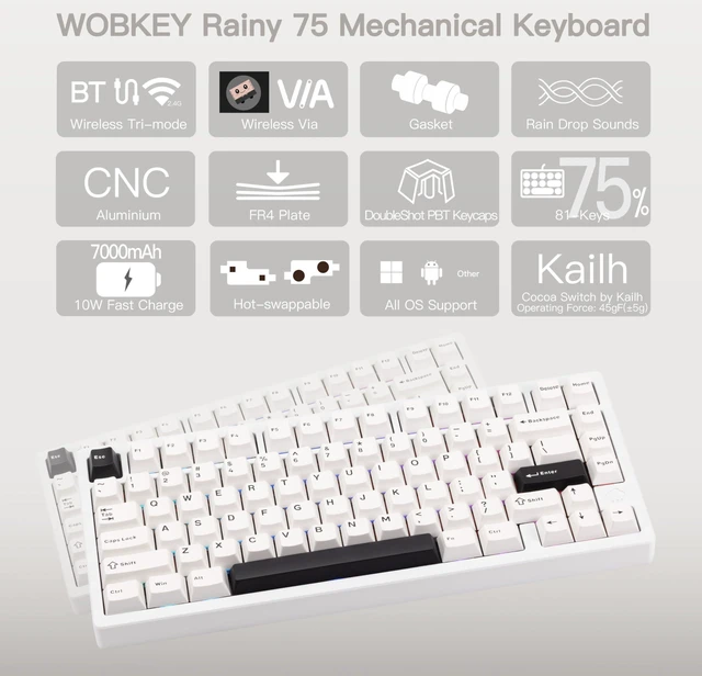 Alt view image 7 of 10 - KEEBMONKEY WOBKEY Rainy 75 CNC Aluminum HMX/JWK/Cocoa Switches Triple-Mode Connectivity Mechanical Keyboard with Superior Acoustics, RGB/FR4/Silver SUS304/7000mAh/Cocoa Switch (Pro - Luna)
