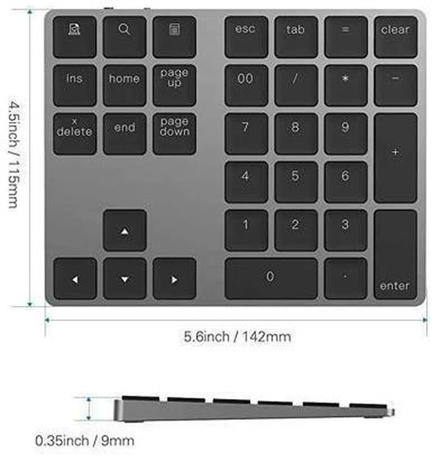 Alt view image 9 of 9 - Bluetooth Number Pad Aluminum Rechargeable Wireless Numeric Keypad Slim 34Keys External Numpad Keyboard Data Entry Compatible for Macbook MacBook AirPro iMac Windows Laptop Surface Pro etc