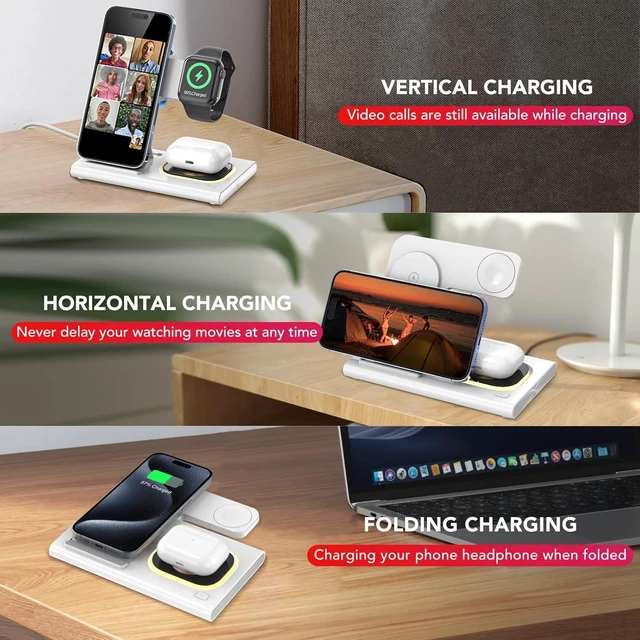 Alt view image 14 of 14 - 3 in 1 Foldable Charging Station for Products Wireless Charger for iPhone 17 16 15 14 13 12 Pro Max Travel Dock Adapter&Light for iWatch Series 11 10 9 Ultra 3/2 SE 3/2 for AirPods 4 3 2 Pro 3/2