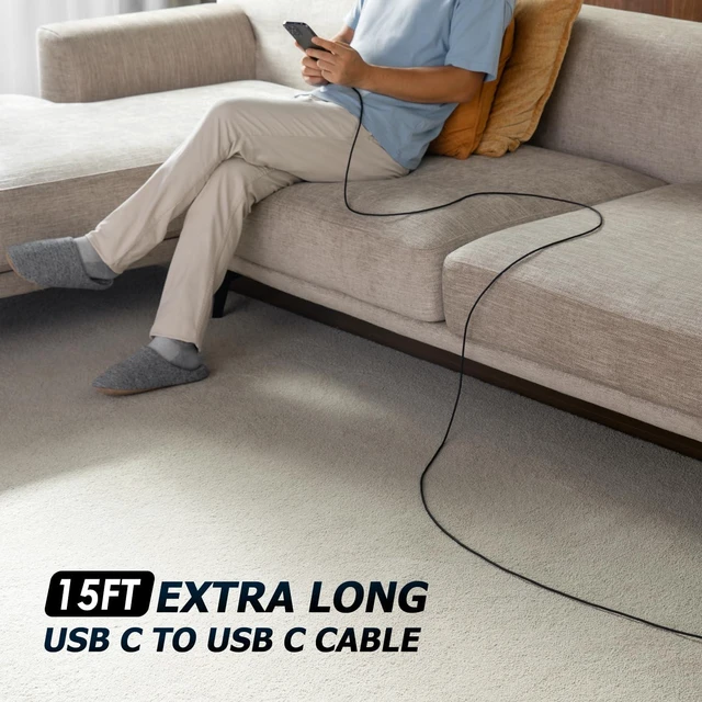 Alt view image 12 of 14 - Extra Long USB C to USB C Cable 15FT 100W USB C Charger Cable Fast Charging Cord Braided Type C Cable for iPhone 17 16 15/15Plus/15Pro/Max MacBook Pro/Air iPad Pro/Air/Mini Pixel Laptop