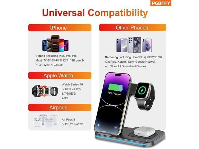 Alt view image 10 of 14 - 3 in 1 Charging Station Wireless Charger lPhone Foldable Charging Stand for Multiple Devices with Quick Charger for lPhone 16/15/14/13 Pro Max Watch AriPods Pro 2
