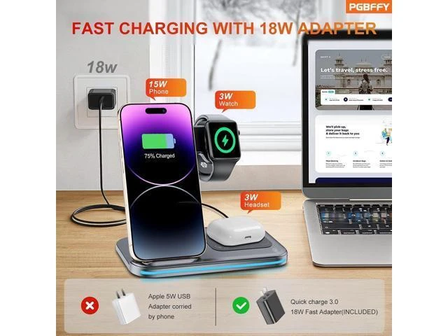 Alt view image 11 of 14 - 3 in 1 Charging Station Wireless Charger lPhone Foldable Charging Stand for Multiple Devices with Quick Charger for lPhone 16/15/14/13 Pro Max Watch AriPods Pro 2