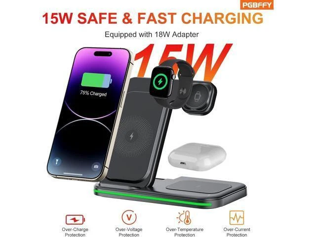Alt view image 12 of 14 - 3 in 1 Charging Station Wireless Charger lPhone Foldable Charging Stand for Multiple Devices with Quick Charger for lPhone 16/15/14/13 Pro Max Watch AriPods Pro 2