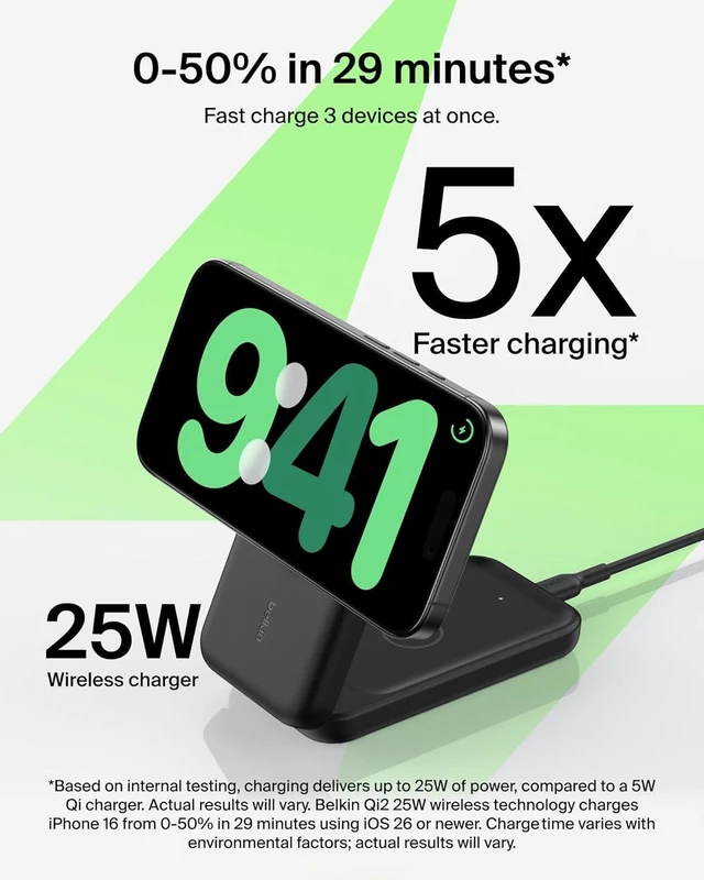 Alt view image 9 of 14 - MagSafe Charger Compatible 3-in-1 Charging Station Qi2.2 25W Magnetic Wireless Charger Dock Foldable Charging Stand for iPhone 17/16/15 Watch AirPods Pixel 10 (45W Adapter Included)