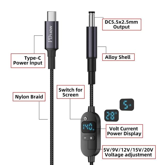 Alt view image 12 of 14 - C USB-C Input to 20V 15V 12V 9V 5V DC 5.5 * 2.5mm Output Power Smart LED Display 100W 140W 65W PD Charge Cable for Laptop