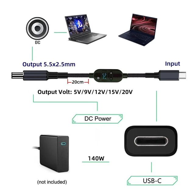 Alt view image 13 of 14 - C USB-C Input to 20V 15V 12V 9V 5V DC 5.5 * 2.5mm Output Power Smart LED Display 100W 140W 65W PD Charge Cable for Laptop