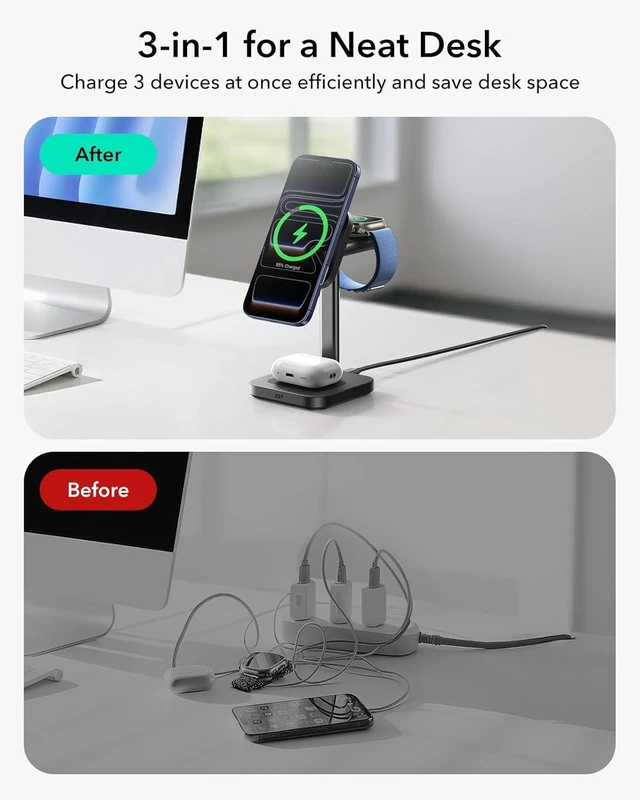 Alt view image 10 of 14 - for 3 in 1 Charging Station Qi2.2 Certified 25W MagSafe Charger Stand with CryoBoost Phone-Cooling Fast Charging Station for iPhone 17/16 with iOS 26 AirPods Watch Black