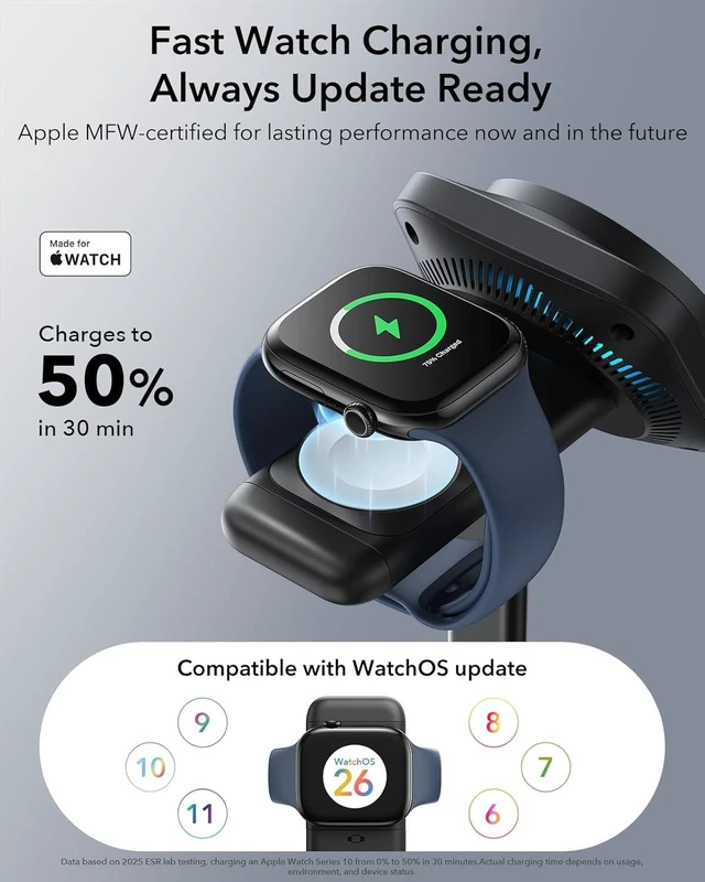 Alt view image 12 of 14 - for 3 in 1 Charging Station Qi2.2 Certified 25W MagSafe Charger Stand with CryoBoost Phone-Cooling Fast Charging Station for iPhone 17/16 with iOS 26 AirPods Watch Black
