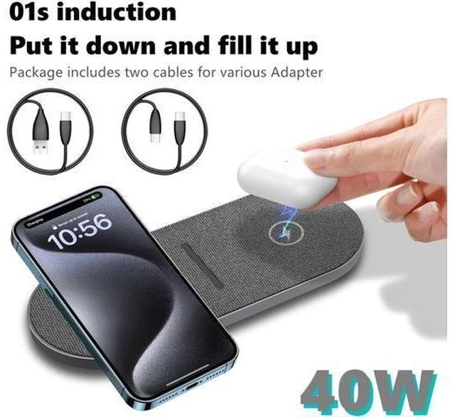 Alt view image 8 of 12 - 40W Wireless Charging Pad Dual 20W Fast Wireless Charging Mat for iPhone 16 15 14 13 12 11/Pro/Pro Max/SE/X/XS Airpods 4/3/Pro 15W Wireless Charger Station for Galaxy/Note/Bud+