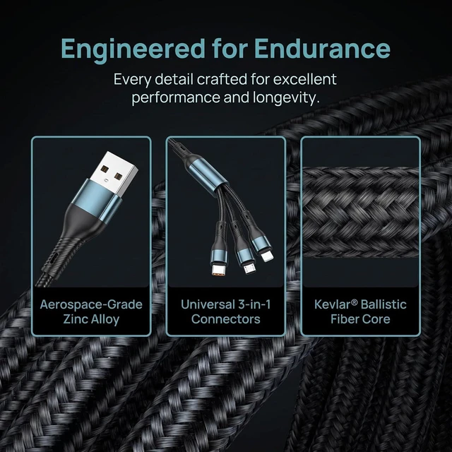 Alt view image 9 of 14 - 3-in-1 Charging Cable 1.2M, Nylon Braided Multi USB Fast Charging Cable with USB-C for iOS Android Devices