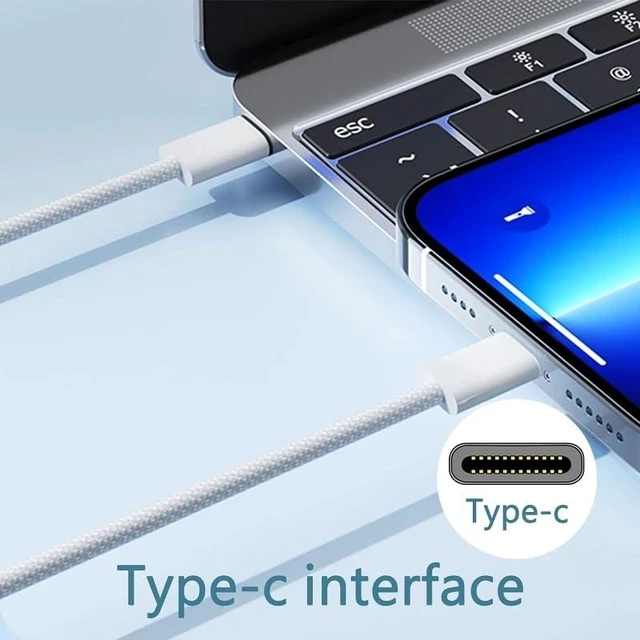 Alt view image 9 of 14 - USB-C to USB-C Cable 60W PD Fast Charging, Nylon Braided Type-C Data Cable, Light Ice Blue