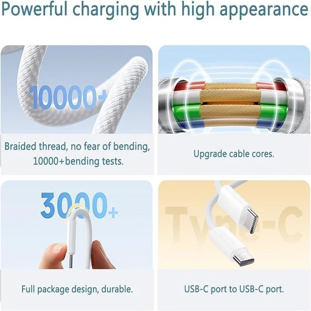 Alt view image 10 of 14 - USB-C to USB-C Cable 60W PD Fast Charging, Nylon Braided Type-C Data Cable, Light Ice Blue