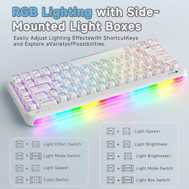 Alt view image 9 of 12 - AF68 Wireless Membrane Keyboard, 68% Layout 68-Key Gaming Keyboard, 2.4 GHz/Type-C/BT, RGB Lighting Effects with Integrated Side Light Bar, 4000mAh Battery, Translucent Keycaps