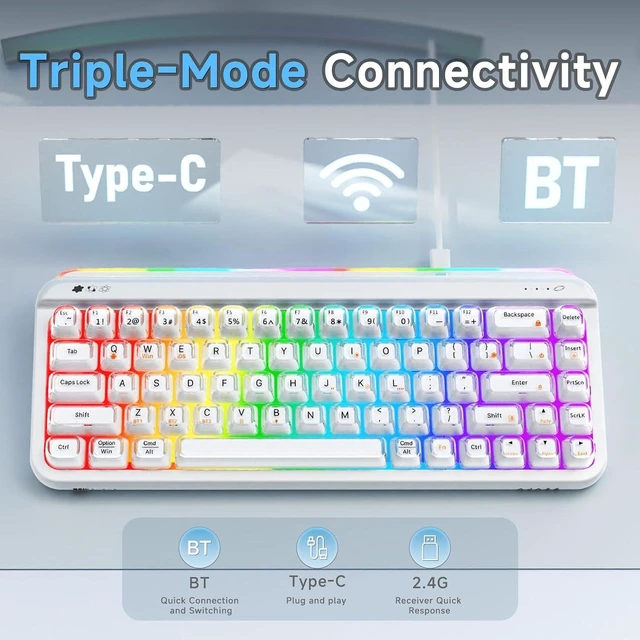 Alt view image 11 of 12 - AF68 Wireless Membrane Keyboard, 68% Layout 68-Key Gaming Keyboard, 2.4 GHz/Type-C/BT, RGB Lighting Effects with Integrated Side Light Bar, 4000mAh Battery, Translucent Keycaps