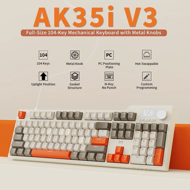 Alt view image 7 of 10 - AJAZZ AK35I V3 104-Key Full Size Wired Gasket Mount Gaming Keyboard with Multimedia Buttons & Knob Control | Five Layer Pad | OEM Profile PBT Keycaps | White Backlit Custom Keyboard