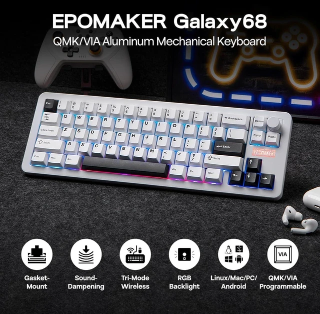 Alt view image 9 of 14 - EPOMAKER Galaxy68 QMK/VIA Wireless Mechanical Keyboard, Anodized Aluminum, TOP/Gasket, 6000mAh, RGB Side/Backlight, 65% Gaming Keyboard with Hot-Swap Creamy Switch (White, Wisteria Linear Switch)