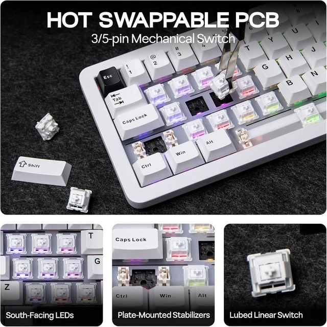 Alt view image 14 of 14 - EPOMAKER Galaxy68 QMK/VIA Wireless Mechanical Keyboard, Anodized Aluminum, TOP/Gasket, 6000mAh, RGB Side/Backlight, 65% Gaming Keyboard with Hot-Swap Creamy Switch (White, Wisteria Linear Switch)