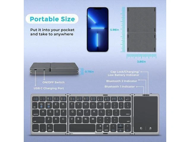 Alt view image 10 of 14 - Foldable Bluetooth Keyboard for Travel Tri-Folding Wireless Portable Keyboard with Touchpad Rechargeable Multi-Device Small Keyboard for Laptop Tablet PC Smartphone Windows iOS Android