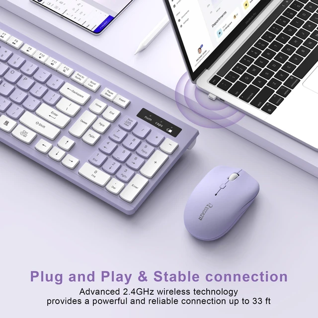 Alt view image 12 of 12 - Wireless Keyboard and Mouse Combo, Full-Sized Wireless Keyboard and Adjustable DPI Mouse, 2.4GHz USB Receiver, Silent Keyboard and Mouse for PC, Windows, MAC, Desktop, Laptop(Purple)