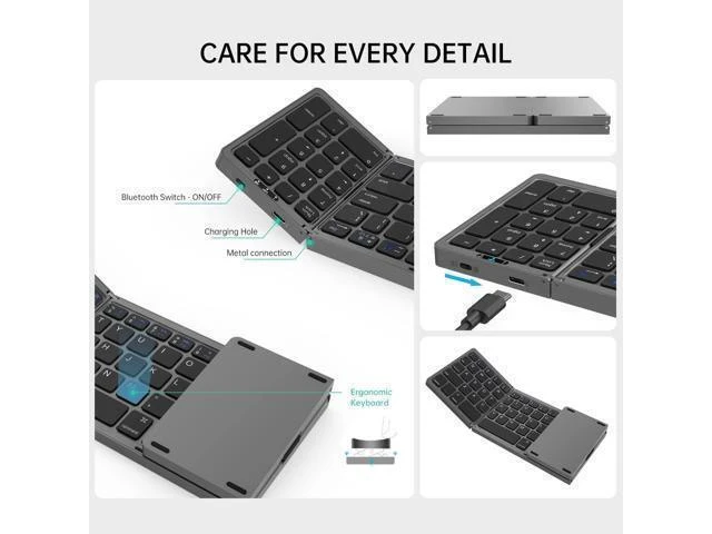 Alt view image 8 of 10 - BRIMFORD Foldable Bluetooth Keyboard, Foldable Wireless Portable Keyboard with Numeric Keypad, USB-C Rechargeable Travel Keyboard for Laptop,Tablet,iPad,Smartphone(Black)