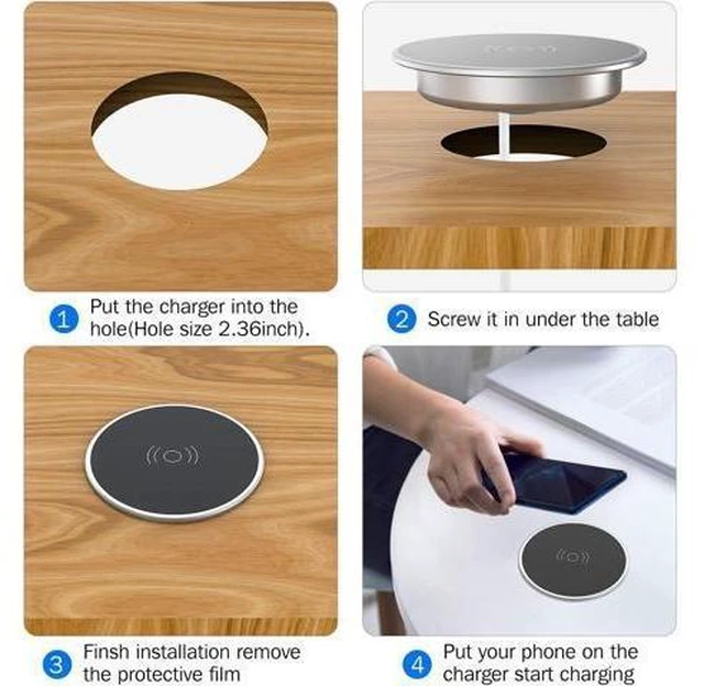 Alt view image 12 of 12 - Desk Wireless Charger 15W Fast Charging Pad for iPhone 17/16/15/14/13/12/11/Pro/Xs Max/XR/AirPods/ Galaxy 10/S10+/S9 Hidden Embed in Furniture Desk Grommet Hole Qi Charger Station