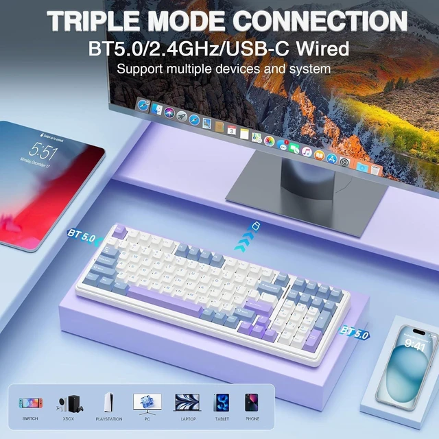 Alt view image 9 of 12 - Eyesoul F99 Wireless Mechanical Keyboard,Tri-Mode BT5.0/2.4GHz/USB-C Hot Swappable Custom Keyboard,Pre-lubed Linear Switches,Gasket Structure,RGB Backlit Gaming Keyboard for PC/Tablet/Xbox/PS4/PS5