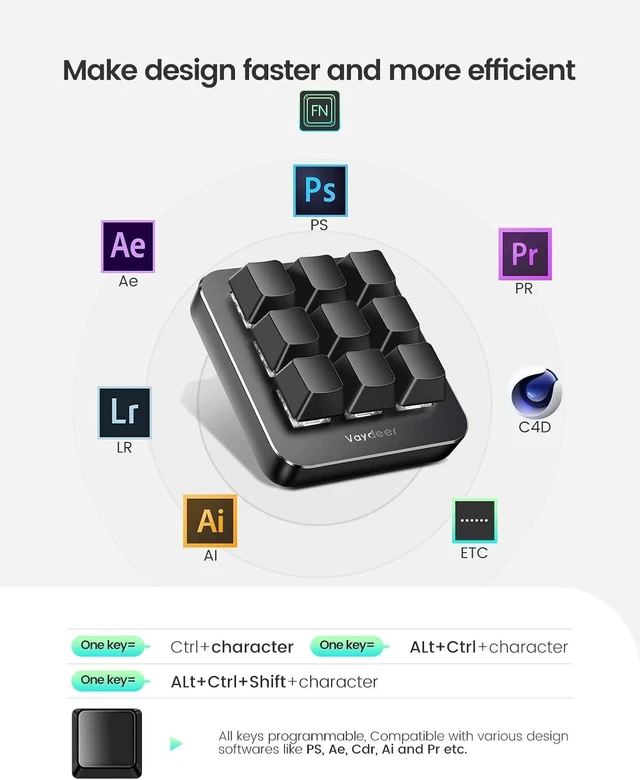 Alt view image 14 of 14 - Vaydeer One-Handed Mechanical Keyboard Support NKRO, Hotkeys, One-Click Start,9 Fully Programmable Keys with Floating Window and Macro Multifunctional Keypad for iOS,Windows, Gift Idea for Him/Her
