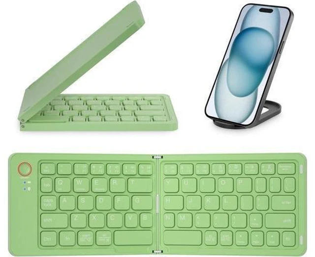 Alt view image 8 of 14 - Mini Foldable Bluetooth Keyboard - Portable Wireless Full Size Keyboard (Sync Up to 3 Devices), Ultra-Slim Aluminum Travel Folding Keyboard for iPhone iPad Mac Android Windows iOS (Green)