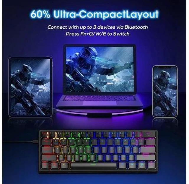 Alt view image 9 of 14 - 60% Wireless Mechanical Keyboard, 2.4G/Type-C/Bluetooth Keyboard with RGB Backlit, Clicky Blue Switch, 61 Keys Mini Office Wired Gaming Keyboard for iPad Mac Windows Xbox Gamer, Easy to Carry on Trip