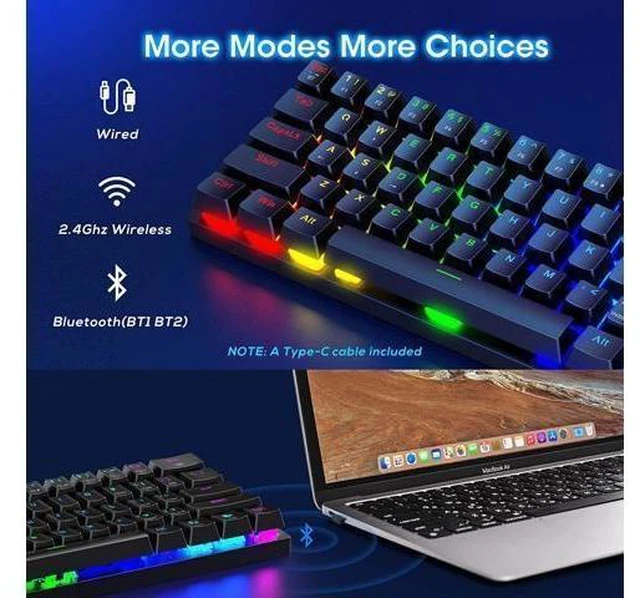 Alt view image 10 of 14 - 60% Wireless Mechanical Keyboard, 2.4G/Type-C/Bluetooth Keyboard with RGB Backlit, Clicky Blue Switch, 61 Keys Mini Office Wired Gaming Keyboard for iPad Mac Windows Xbox Gamer, Easy to Carry on Trip
