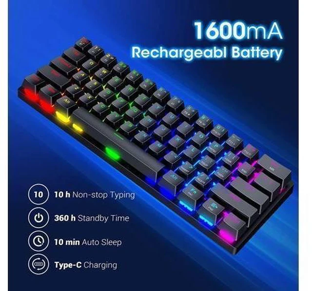 Alt view image 13 of 14 - 60% Wireless Mechanical Keyboard, 2.4G/Type-C/Bluetooth Keyboard with RGB Backlit, Clicky Blue Switch, 61 Keys Mini Office Wired Gaming Keyboard for iPad Mac Windows Xbox Gamer, Easy to Carry on Trip