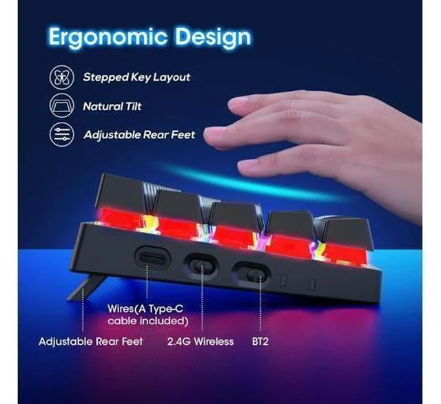 Alt view image 14 of 14 - 60% Wireless Mechanical Keyboard, 2.4G/Type-C/Bluetooth Keyboard with RGB Backlit, Clicky Blue Switch, 61 Keys Mini Office Wired Gaming Keyboard for iPad Mac Windows Xbox Gamer, Easy to Carry on Trip