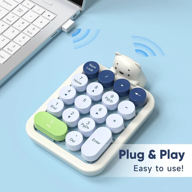 Alt view image 9 of 14 - Wireless Number Pad with Bear - Mixed Blue Numeric Keypad 18 Keys 2.4G Round Keycap Colorful Extensions Cute Numpad, Portable Accounting Financial Retro Numpad 10 Key for Laptop/PC/Notebook
