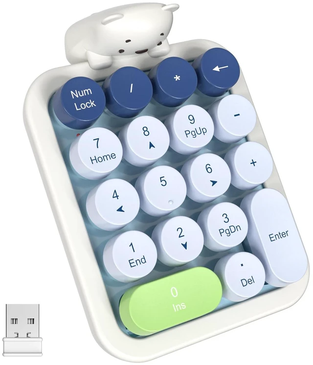 Alt view image 8 of 14 - Wireless Number Pad with Bear - Mixed Blue Numeric Keypad 18 Keys 2.4G Round Keycap Colorful Extensions Cute Numpad, Portable Accounting Financial Retro Numpad 10 Key for Laptop/PC/Notebook