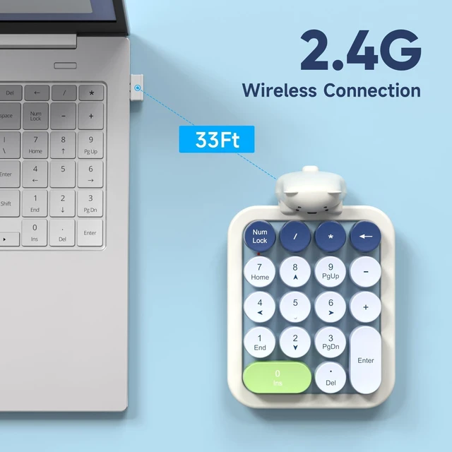 Alt view image 12 of 14 - Wireless Number Pad with Bear - Mixed Blue Numeric Keypad 18 Keys 2.4G Round Keycap Colorful Extensions Cute Numpad, Portable Accounting Financial Retro Numpad 10 Key for Laptop/PC/Notebook