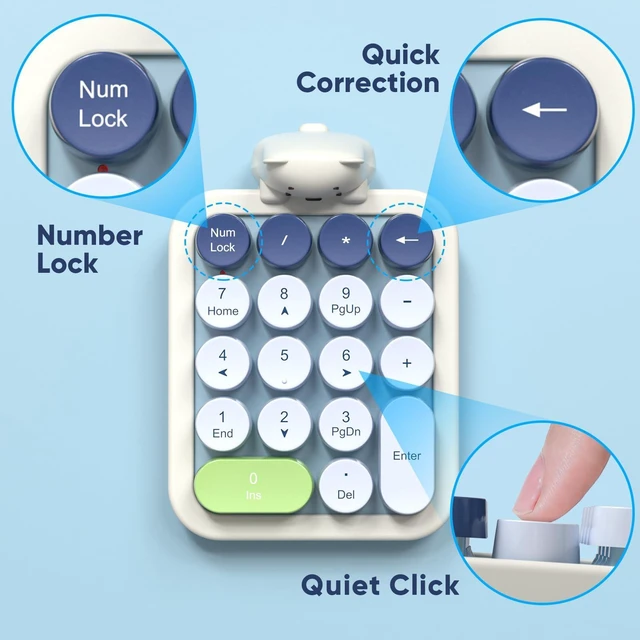 Alt view image 13 of 14 - Wireless Number Pad with Bear - Mixed Blue Numeric Keypad 18 Keys 2.4G Round Keycap Colorful Extensions Cute Numpad, Portable Accounting Financial Retro Numpad 10 Key for Laptop/PC/Notebook