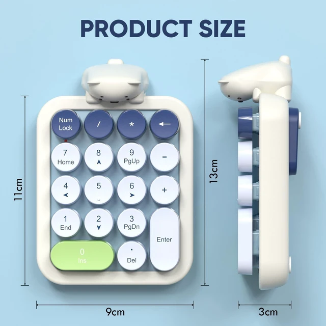Alt view image 14 of 14 - Wireless Number Pad with Bear - Mixed Blue Numeric Keypad 18 Keys 2.4G Round Keycap Colorful Extensions Cute Numpad, Portable Accounting Financial Retro Numpad 10 Key for Laptop/PC/Notebook