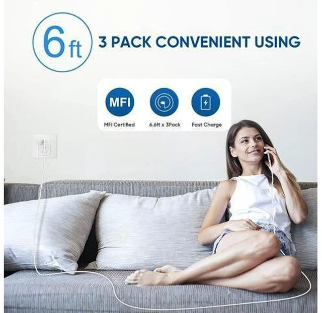 Alt view image 12 of 14 - 3 Pack Fast Charger iPhone MFi Certified6FT iPhone Charger Fast Charging USB C Block Wall Adapter 6 Foot Type C to Lightning Cable for iPhone 14 Pro Max/14 Plus/13 Pro/12/12Pro/11/XS/X AirPods