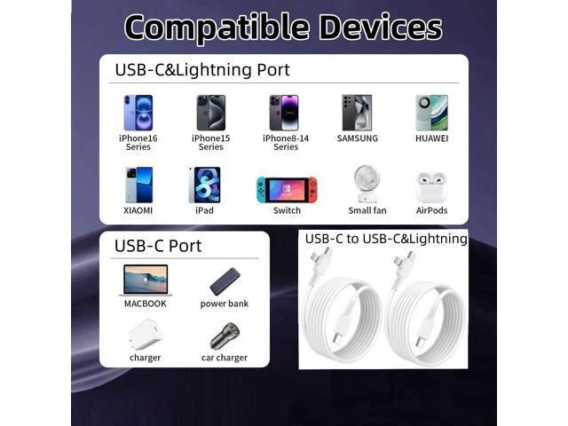 Alt view image 8 of 10 - USB-C to Lightning Cable 2-Pack 6 Feet USB C to USB C Cable 90 Degree Fast Charging Cord for iPhone17/ 16/15/14/13/12 iPad MacBook Galaxy