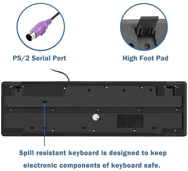 Alt view image 10 of 12 - Wired PS2 104 Keys Computer Keyboard with Stands,Black,Waterproof - US Layout Compatible for Windows, PC, Laptop