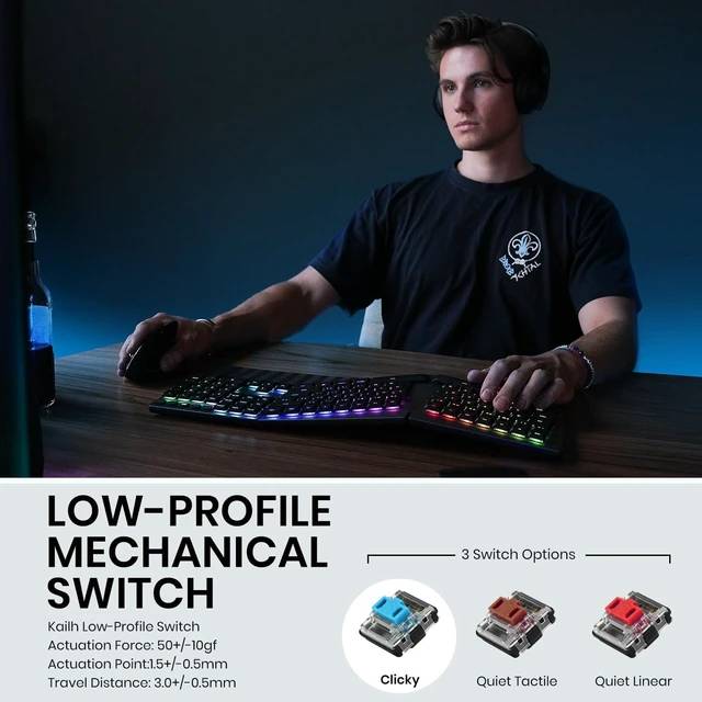 Alt view image 10 of 14 - Perixx PERIBOARD-835BL Wireless Ergonomic Mechanical Keyboard - RGB Backlit - Low-Profile Blue Clicky Switches - Multi-Device Connection - Compatible with Windows and Mac OS X - US English
