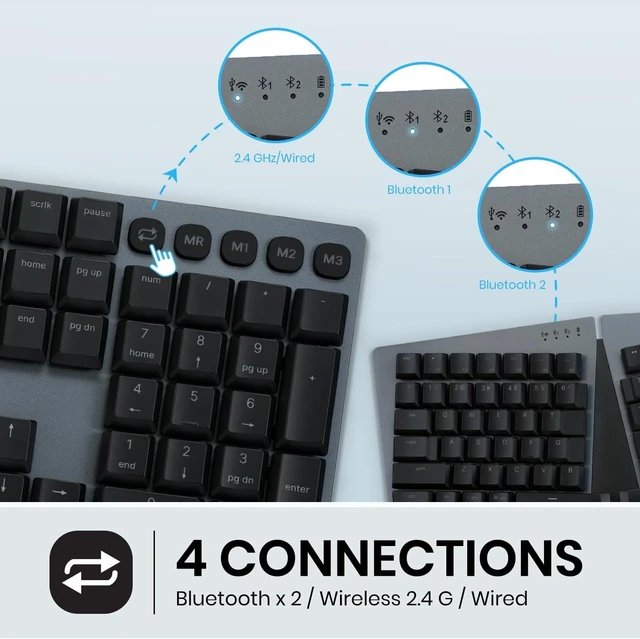 Alt view image 12 of 14 - Perixx PERIBOARD-835BL Wireless Ergonomic Mechanical Keyboard - RGB Backlit - Low-Profile Blue Clicky Switches - Multi-Device Connection - Compatible with Windows and Mac OS X - US English